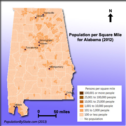 Map of Alabama's population by square mile.